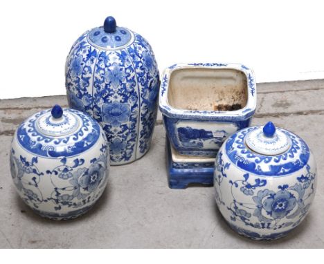 Three reproduction blue and white Oriental jars and covers, largest approx height 37cm and a blue and white Oriental ceramic 