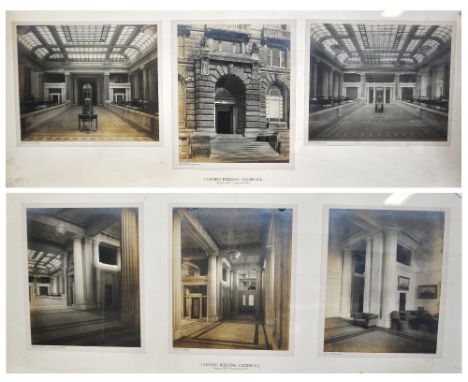 Six architectural photographs depicting the main entrance and five interiors of the Cunard building, framed as two sets of th