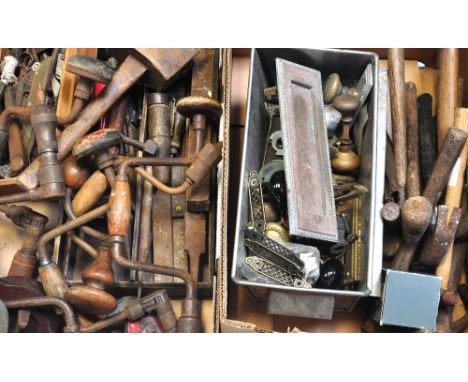 A quantity of hand tools to include braces, metal files, door furniture and knife sharpeners etc.