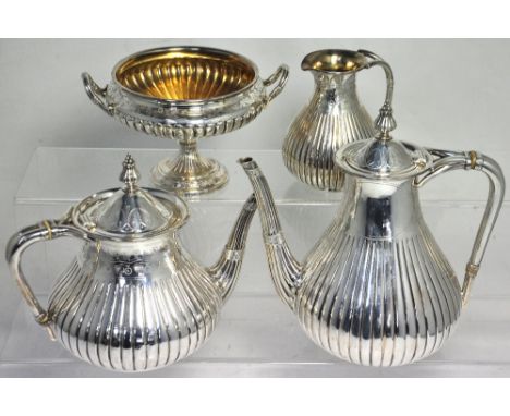 A good Victorian hallmarked silver four piece tea set, each piece with band of stylised leaf and flower decoration above lobe