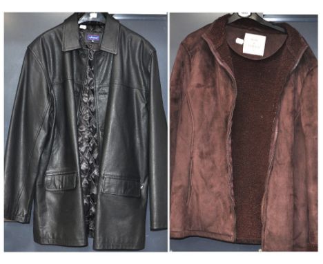A vintage Kangol c.1970s gents leather three quarter length coat and a brown sheepskin jacket.