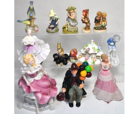 A collection of porcelain figurines including Royal Doulton, Royal Worcester, Coalport, Border Fine Arts, Hummel etc, many da