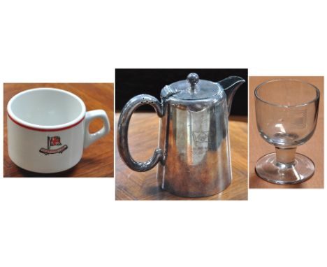 A quantity of maritime related glassware and ceramics including Harrison Line cups and saucers, a silver plated Clan Line hot