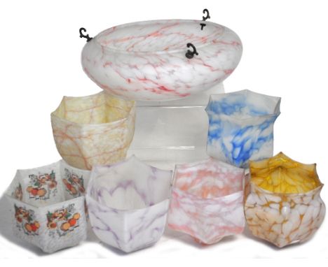 Six vintage glass lamps and two marbled glass ceiling lights (8).