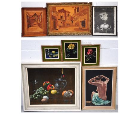 A mixed lot of decorative pictures including five painted on velvets/material, two marquetry and a limited edition Jewish rel