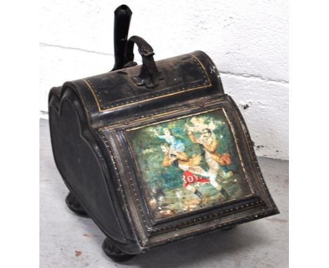 A Victorian Japanned metal coal scuttle with integral dust pan, the front panel decorated with an image of Victorian gentleme