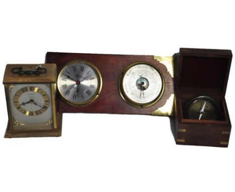 A mahogany boxed compass, a Metamec quartz clock and a reproduction ship's style spectrum quartz clock and barometer on a woo