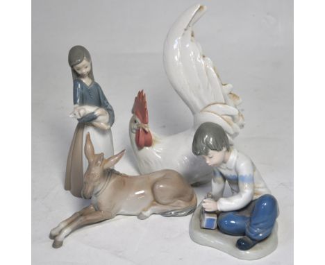 A Lladro model of a cockerel, a Lladro model of a donkey, a Lladro girl with a pig (af), and a Nao model of a boy playing wit