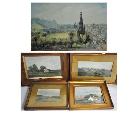 FRED STOTT; limited edition print with views of Edinburgh Castle 525/850 and ANNIE HILL; four small watercolours in gilded fr