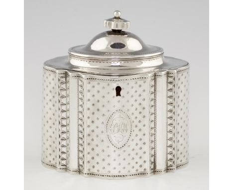 A GEORGE III BRIGHT CUT SILVER TEA CADDY  the domed lid with integral hinge, 15cm h, by Robert Hennell, London 1791, 12ozs 14