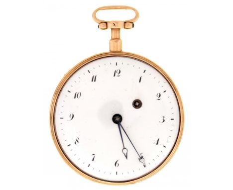 A FRENCH GOLD QUARTER REPEATING VERGE WATCH  DESTIGNY A ROUEN, 449, EARLY 19TH C  with enamel dial, pierced steel hands, gilt