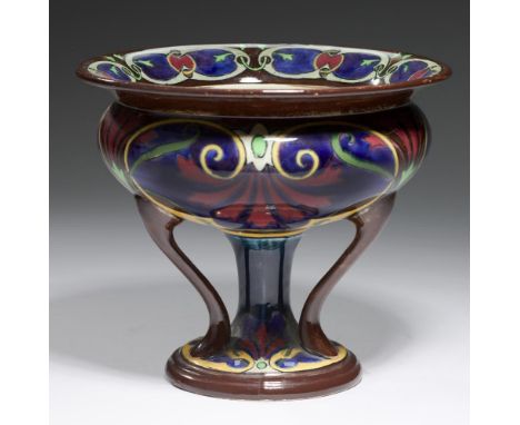A WILEMAN &amp;  CO INTARSIO WARE PEDESTAL BOWL, C1900  17cm h, printed mark ++Good condition, no restoration