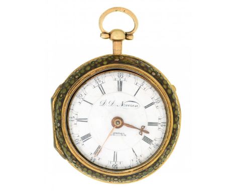 A SILVER PAIR CASED VERGE WATCH D D NEVEREN LONDON,  LATE 18TH C, with Dutch style enamel dial, pierced and engraved bridge b