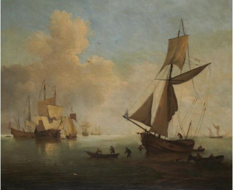 FOLLOWER OF PETER MONAMY SHIPPING AT DAWN  oil on canvas, 69 x 84cm, in a carved and gilded frame++Restored and lined, c1980,