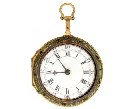 A SILVER GILT AND SHAGREEN PAIR CASED QUARTER REPEATING VERGE WATCH JAS GUERIMAND LONDON 1767 with enamel dial, blued steel b