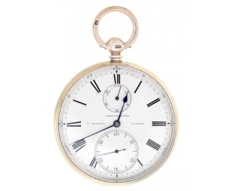 AN ENGLISH SILVER WATCH,G MORTON, LONDON 1900 with enamel dial, subsidiary seconds and state of wind dials, blued steel hands