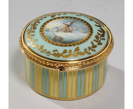 A LYNTON GILTMETAL MOUNTED BONBONNIERE, 20TH/21ST C the lid painted by S D Nowacki, signed with initials, with Dutch fishing 