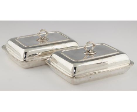 A PAIR OF GEORGE III SILVER ENTREE DISHES AND COVERS  with detachable handle, engraved with armorials, 30cm l, marked on dish