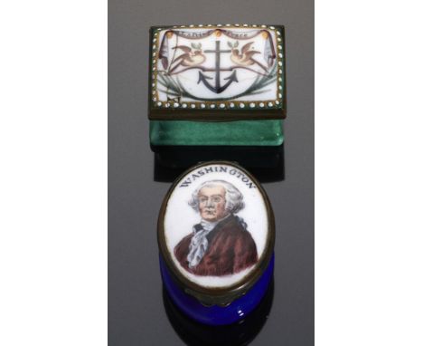 A FRENCH ENAMEL BONBONNIERE WITH PORTRAIT OF GEORGE WASHINGTON AND AN ENAMEL PATCH BOX PAINTED WITH DOVES AND ANCHOR, C1900  