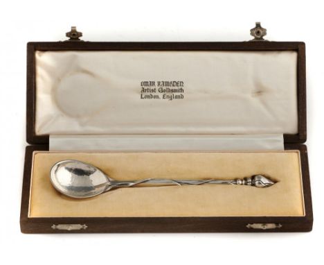 AN ARTS &amp; CRAFTS SILVER SPOON BY OMAR RAMSDEN  the fig shaped bowl issuing from  organic leaf wrapped stem, bud finial, 2