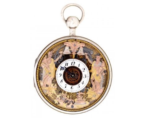 A SWISS SILVER QUARTER REPEATING VERGE JACQUEMART WATCH, ALLAMAND, 1739, 19TH C  with three colour gold coloured metal figura