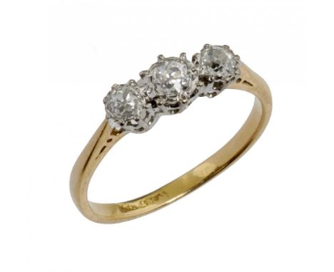 A VICTORIAN THREE STONE DIAMOND RING the three old brilliant cut diamonds approx 0.65ct, marked 18ct and plat, 2.5g, size R++