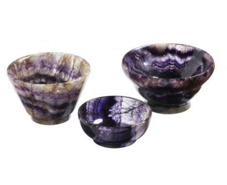DERBYSHIRE. THREE BLUE JOHN BOWLS,  FIRST HALF 20TH C  round, ogee and conical, 6-8.5cm diam++All in good condition