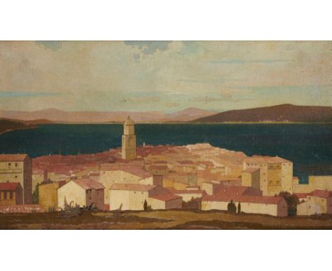 †EDWARD LOXTON KNIGHT, RBA (1905-1993) MEDITERRANEAN TOWNSCAPE   signed, oil on hessian canvas, 50 x 84.5cm++Varnish requires