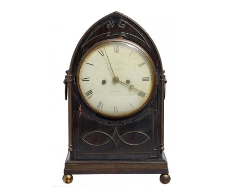 A REGENCY BRASS MOUNTED EBONY BRACKET CLOCK, JAMES MCCABE ROYAL EXCHANGE LONDON, C1820  with painted dial, the chain fusee mo