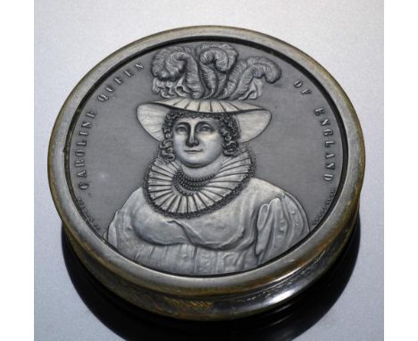 A REGENCY COMMEMORATIVE PRESSED HORN SNUFF BOX AND COVER  with portrait of queen Caroline, c1820 inscribed WILSON SC SHEFFIEL