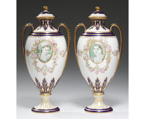 A PAIR OF ROYAL CROWN DERBY VASES AND COVERS, 1896  finely painted en grisaille, possibly by P Taillandier,   with a portrait