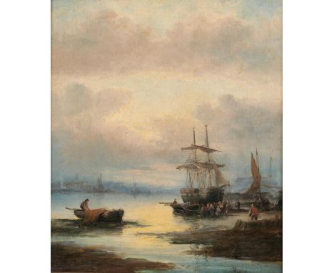 WILLIAM THORNLEY (FL 1858-1898) COASTAL SCENE WITH FISHERFOLK AT SUNRISE  signed ('H Thornley'), oil on canvas, 33.5 x 28.5cm