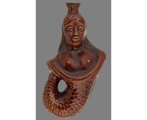 A 'TREACLE' BROWN GLAZED EARTHENWARE SPIRIT FLASK IN THE FORM OF A MERMAID, C1870  19.5cm h++Good condition