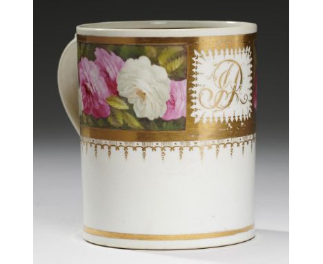 A COALPORT MUG, C1810  painted with a band of continuous roses centred by the gilt initials JP, 10.5cm h++Light wear, a fine 