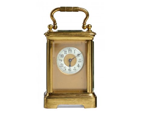 A FRENCH BRASS MINIATURE CARRIAGE TIMEPIECE,  MIGNONETTE, C1900 with primrose enamel chapter ring, blued steel hands, matt gi