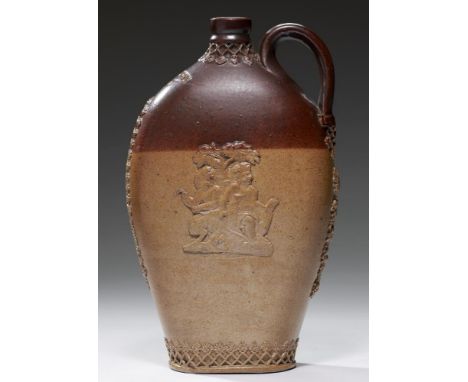 A   SALTGLAZED BROWN STONEWARE SPIRIT FLASK, LONDON, C1840  sprigged to either side with two putti framed by trellis work and