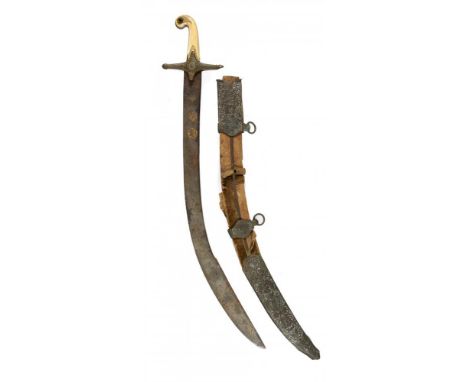 AN OTTOMAN GILT BRASS MOUNTED PRESENTATION SABRE, KILIJ, AND SCABBARD, DATED 1843  one side of the blade damescened with call