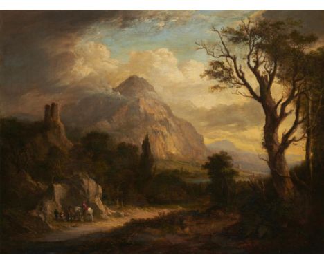 PATRICK NASMYTH (1787-1831) LANDSCAPE WITH FIGURES oil on canvas, 67 x 87.5cm++Restored, lined with localised retouching/over
