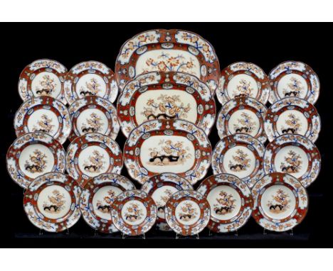 A STAFFORDSHIRE JAPAN PATTERN EARTHENWARE DINNER SERVICE, C1835  dinner plate 26cm diam, impressed PODR mark for December 4th
