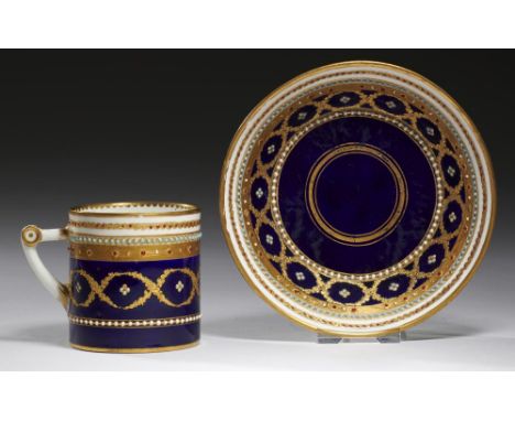 A SÈVRES JEWELLED COFFEE CAN AND SAUCER, 18TH C,  redecorated  saucer 13.5cm diam, spurious gilt Sèvres mark and decorator's 