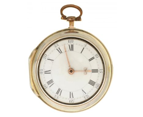 AN ENGLISH SILVER PAIR CASED CYLINDER WATCH  [JOHN] ELLICOTT LONDON, 7343  with enamel dial, gold hands, gilt fusee movement 