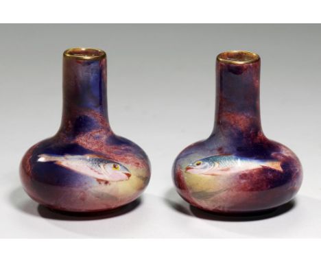 A PAIR OF A J WILKINSON MINIATURE BOTTLE SHAPED ORIFLAMME VASES, C1900   painted with a fish, 6cm h, printed mark and Patent 