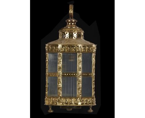 A DUTCH OCTAGONAL EMBOSSED SHEET BRASS HANGING LANTERN, EARLY 20TH C 63cm h, later electric fitment and replacement reeded gl