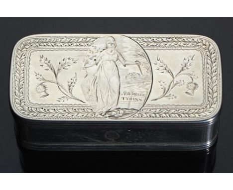 A RARE SCOTTISH GEORGE III SILVER SNUFF BOX, C1800  with moulded lid and base, engraved with an oval allegorical portrait of 