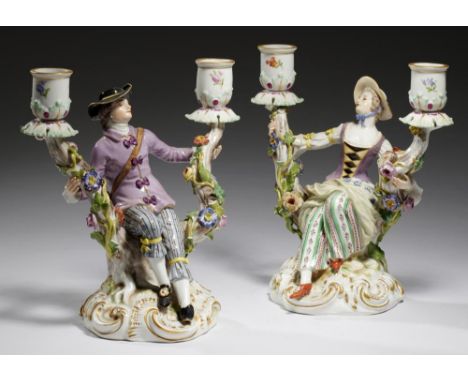 A PAIR OF MEISSEN CANDELABRA, 20TH C  with the figure of a lady or gallant seated in the fork of a tree,  floral encrusted an