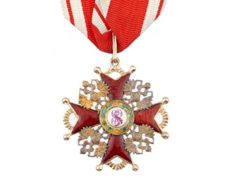 RUSSIA, ORDER OF ST STANISLAS, THIRD CLASS GOLD AND ENAMEL BREAST BADGE  cyrillic maker's mark and another indistinct mark, 1