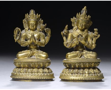 TWO SINO-TIBETAN GILT BRONZE FIGURES OF BODHISATTVAS, 18TH C finely cast and seated in dhyanasana on double lotus base, Manju