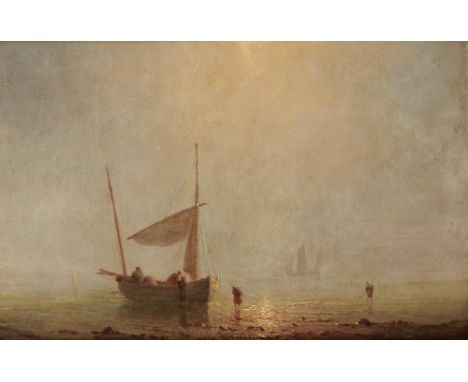 19TH CENTURY SCHOOL FISHERFOLK ON THE COAST AT DAWN  oil on panel, 14 x 21cm++One or two light scratches when examined at an 