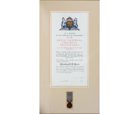 ROYAL NATIONAL LIFEBOAT INSTITUTION BRONZE MEDAL AND SCROLL Christian R T Stock, together framed Awarded to Christian Robert 