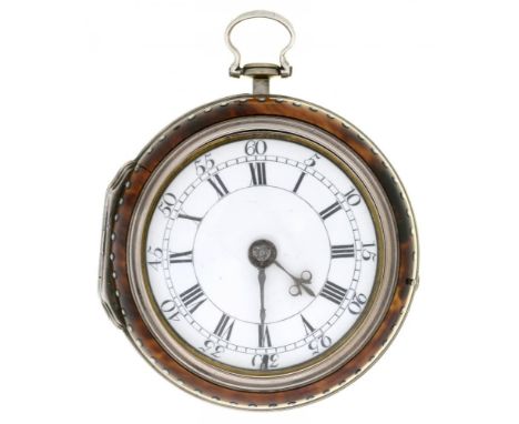 AN ENGLISH SILVER AND TORTOISESHELL PAIR CASED VERGE WATCH ED ENGLISH BOCKING, MID 18TH C  with enamel dial, blued steel beet